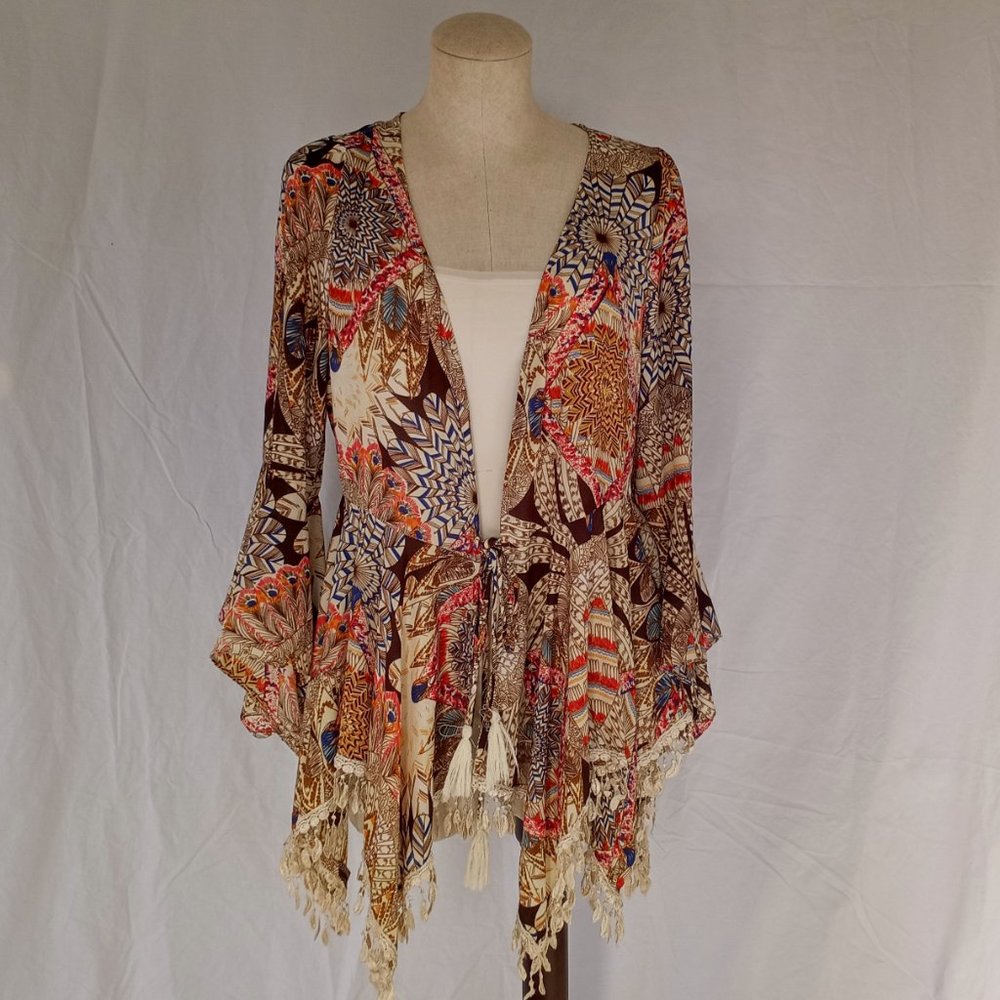 UMGEE beachy, flowy, floral tribal print, lace-trimmed kimono top